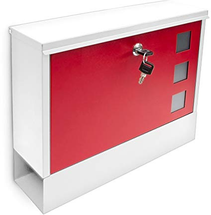 Relaxdays brevlåda med tidningsfack, HBT: 30 x 36 x 10 cm, metall, med 2 nycklar, modern brevlåda, vit/röd