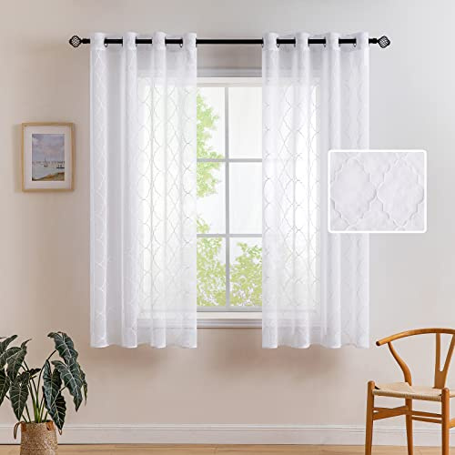 MIULEE Gardinen Voile Marokko Vorhang mit Ösen 2er Set M-Weiß 140x175cm | Transparente Optik Vorhänge Sheer Ösenschal Wohnzimmer Fensterschal Luftig Lichtdurchlässig Dekoschal für Schlafzimmer