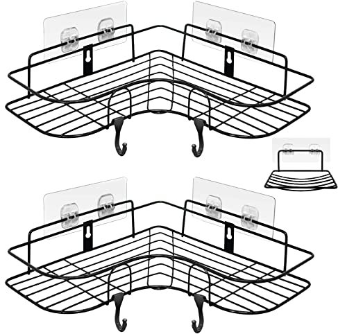 ADORAMOUR Corner Shower Caddy Set -2 Pack Bathroom Organiser with Soap Dish, Adhesive Storage Rack for Toiletries, Shower Shelf Drill-Free or Drilling Install Options Shampoo Holder, Black