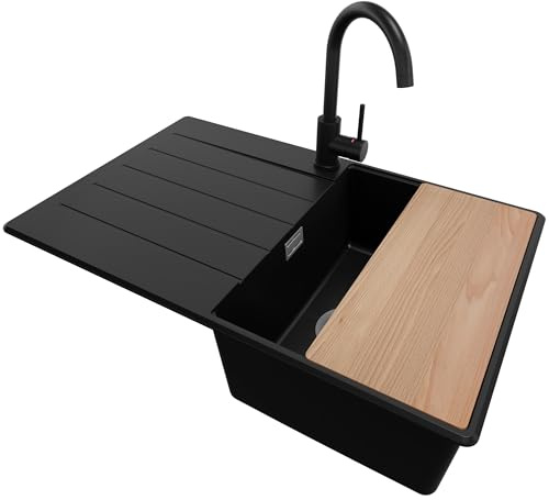 PRIMAGRAN Fregadero Granito Negro 78x50cm, Cocina 1 Seno + Grifo 32x20cm + Sifón + Tabla de Cortar, Sobre Encimera al Mueble 45cm - Copenhague Top S349