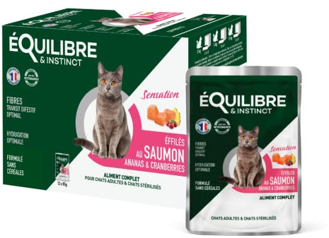EQUILIBRE & INSTINCT - Chat Stérilisé - Sachet Nourriture Humide Saumon - Transit digestif Optimal et satiété - Recette Complète formulée avec des vétérinaires - 12x85g - Fabriqué en France