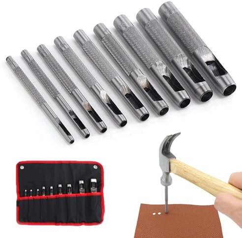 Bztzhm 9 Piezas Punzón con Bolsa de Almacenamient, Cuero Perforador Cinturones Juego, Punzón hueco para agujero, Redondo Juego Punzones,Punzón Hueco de Cuero Agujero, para Artesanía de Cuero DIY