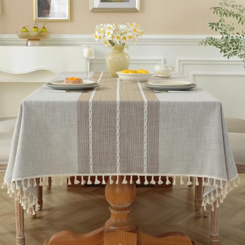 Alsoo Fall Tablecloth Rectangle Linen Style, Outdoor Waterproof Rustic Boho Farmhouse Cotton Table Cloth Wrinkle Free for Picnic Camping Party Kitchen Dining (Coffee Lines, 4-6 Seats, 55x75 Inches)
