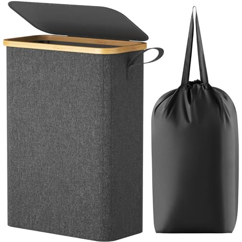 Lifewit 50L Wäschekorb Schmal mit Deckel, Faltbarer Wäschesammler Schmal mit Wäschesack, Laundry Basket Wäscheboxen aus Bambus mit Tragegriff für Apartment, Wohnheim und Wohnwagen,Schwarz