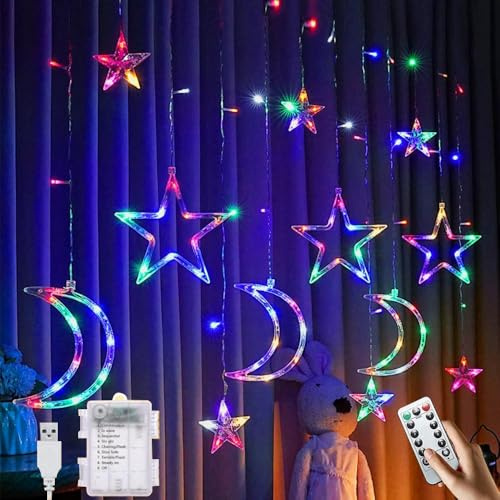 HIQE-FL Ljusgardin stjärna måne, 3,5 m måne ramadan ljusgardin, stjärnor måne gardin ljus, 8 regleringslägen, LED-ljusslinga stjärnor, stjärnformad ljusslinga (D)