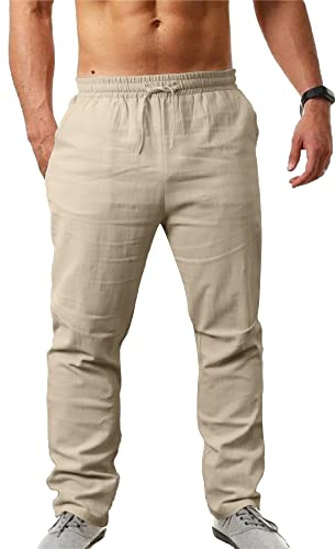 NANAMEEI Pantalon Coton Lin Homme Décontractés de Plage Léger Été Casual Yoga Pants avec Cordon Elastique Grande Taille