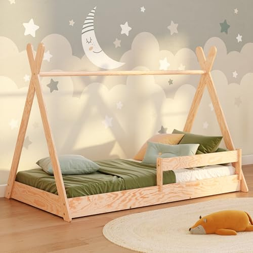 smartwood Hussäng 60x120 cm med Ribbotten, av Furuträ, Naturlig, TIPI F | Montessori golvsäng, fallskydd, insteg 14 cm, upp till 230 kg, FSC-trä, rundade kanter, enkel montering