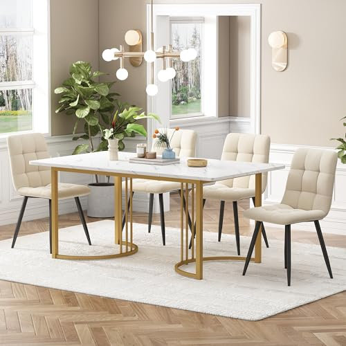 KUAKE Esstisch-Set mit 4 Stühlen 140x80 cm, Essgruppe mit 4 Stühlen aus Samt, Küchen-Esstisch für Zuhause & Familie, Gold Metall Tischbeine + 4 Beige Stühlen(Beige-A)