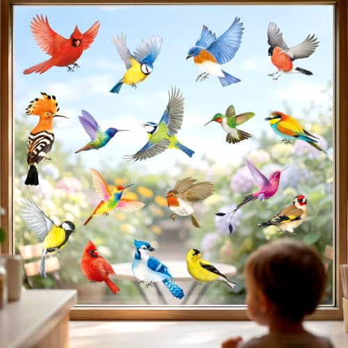DECOWALL CDS4-9003 17pcs Beautiful Birds Static Cling Window Stickers Reuseble for Prevent Glass Clings Flying Anticollision Bird Strike Window Decals - Double Sided Print