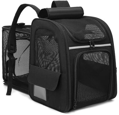 Dogat Erweiterbar Katzenrucksack Hunderucksack, Faltbar Katzen Rucksack mit Netzfenster, Katze Transport Rucksack mit Innerer Sicherheitsleine für Katzen Hunde bis 8kg Wandern, Walken (Schwarz)