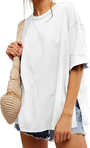 Tankaneo Maglietta da Donna, Oversize, a Maniche Corte, Girocollo, Estiva, in Tinta Unita, Lunga, Casual, Basic con Spacchi Laterali, Bianco, XL