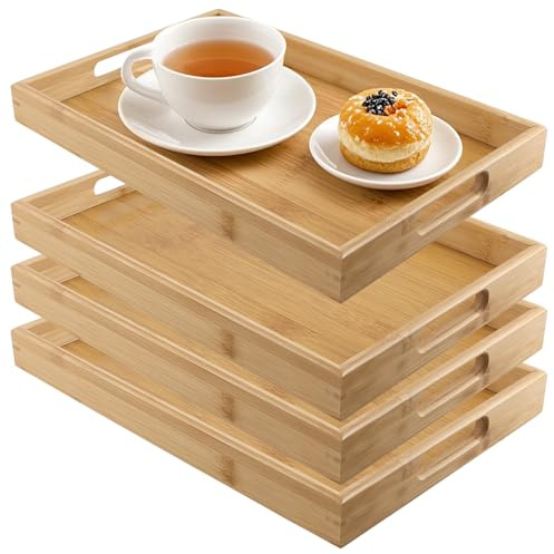NAMYEUT 4 st 40 x 30 x 3,5 cm bambu serveringsbrickor, rektangulära bambubrickor med handtag, träfat för mat, frukost, middag