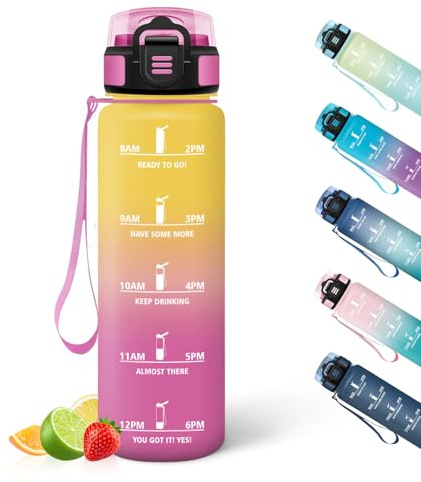HoneyHolly Gourde 1L, Réutilisable, Water Bottle, Marqueur Horaire, Bouteille, Étanche, Portable, Gourde Graduée pour Salle de Sport, Vélo, Bureau, Extérieur, École, Bouteille Eau