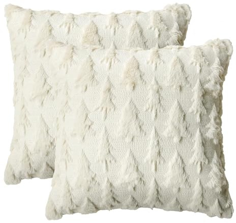 Artoid Mode Set di 2 Federe per cuscino in pelliccia sintetica beige, con design di alberi di Natale, 45x45 cm, in velluto di Natale invernale, per la decorazione della camera da letto