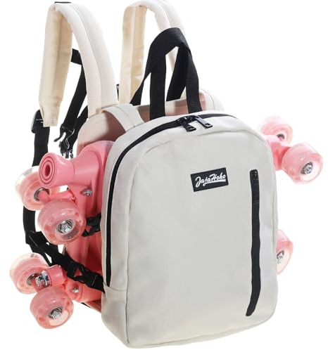 JajaHoho Roller Skates Bags for Women Men, Multi-Functional Sports Backpack for Rollerskates, Ice Skates, Inline Skates, Skate Gear Storage, Durable and Stylish, 11.8 x 9 x 2.8 inches (Beige White)