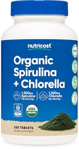 Nutricost Organic Spirulina + Chlorella (3,000mg) 360 Tablets - USDA Organic, 1,500mg Spirulina, 1,500mg Chlorella, Vegan, GMO-Free, Gluten-Free, 60 Servings