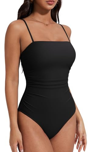 SUUKSESS Women Sexy One Piece Swimsuit Tummy Control Square Neck Bathing Suit Retro Backless Swimwear (Black,L)