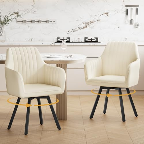 Ckaff Lot de 2 Chaise Pivotante Salle à Manger, Chaise de Cuisine Rembourrée Pivotante à 360° avec Accoudoirs, Chaises Salle à Manger en Velours pour Chambre à Coucher Cuisine Salon, Beige