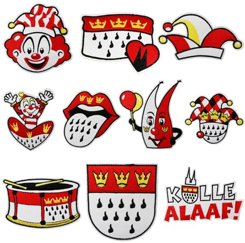 10 Stück Kölner Karneval Bügelflicken, Rot Weiß Aufnäher zum Bügeln oder Aufnähen DIY Bestickte Reparaturflicken Köln Applikation für Kleidung Tasche, Karneval Accessoires Dekoration