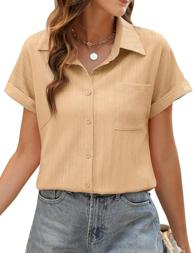 PASUDA Womens Blouse Summer Tops Short Sleeve Button Down Tee Shirts V Neck Elegant Solid Color Work Casual Ladies Tops Loose Basic Tunic Tops