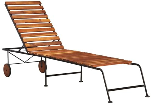 QJBSAVVA Lettino da giardino con gambe in acciaio massiccio di acacia, schienale regolabile a 3 livelli, robusto lettino relax per giardino, terrazza e balcone, in legno di acacia, 205 x 50 x 30 cm