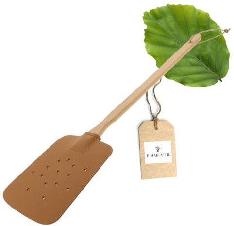 HOFMEISTER® Tapette à Mouches en Bois de hêtre & Cuir - Attrape-Mouches européen, Raquette à Insectes avec lanière en Cuir, 47,5 cm, Protection Contre Les moustiques