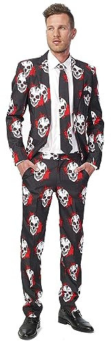 Suitmeister Herren Men Suit Business-Anzug Hosen-Set,Weiß/Rot/Schwarz (Skulls Blood),M