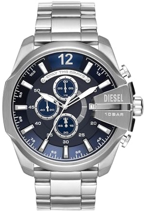 Diesel Mega Chief Watch for Men, Stainless Steel Chronograph Men's Watch, Color: Silver