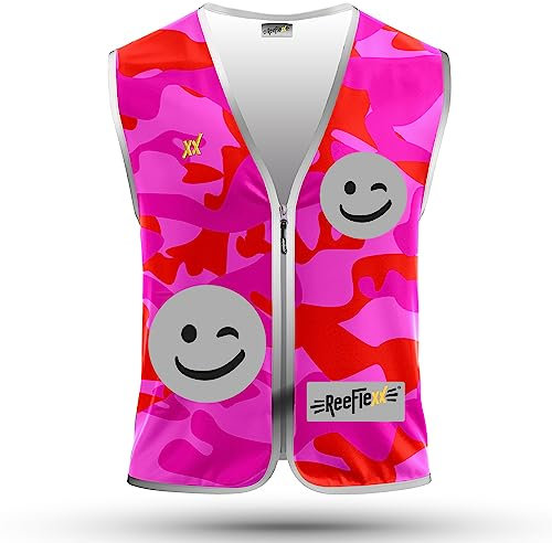 REEFLEXX Warnweste Kinder Sicherheitsweste, erhöhte Sichtbarkeit im Straßenverkehr, Schule, Fahrrad oder Auto, Pink Camou Smiley - Größe M