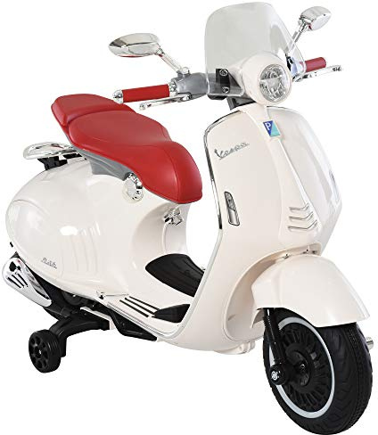 HOMCOM Moto Eléctrica para Niños de 3-6 Años Moto de Batería Autorizada de Vespa Velocidad 3-5 km/h con Faros Música 2 Ruedas Auxiliares Carga 30 kg 108x49x75 cm Blanco