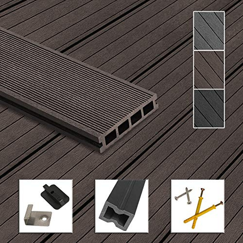 Montafox WPC Terrassendielen Dielen Komplettset Hohlkammerdiele Komplettbausatz Unterkonstruktion Clips, Größe (Fläche):10 m² 2.2m, Farbe:Dunkelbraun