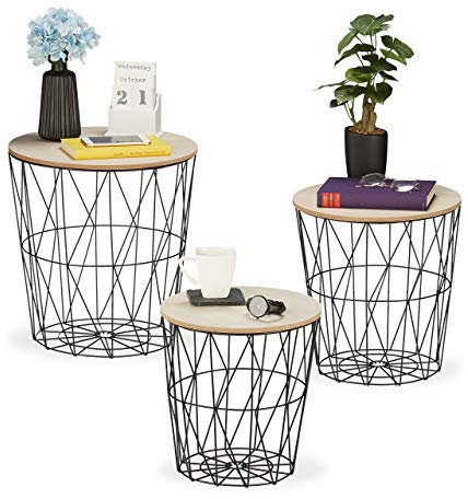 Relaxdays Korbtisch 3er Set, rund, Korb Beistelltisch Wohnzimmer, Metall & Holzoptik, 3 Größen, Drahtkorb-Tisch, schwarz