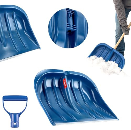 KADAX Pelle à neige de 49 cm de large sans manche Pelle à neige Pelle à neige en plastique Pelle à neige (1, bleu avec bord en tôle)