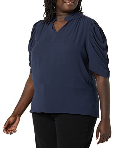 Amazon Essentials Camicetta in Tessuto Georgette Leggero con Scollo con Volant e Mezze Maniche Donna, Blu Marino, S