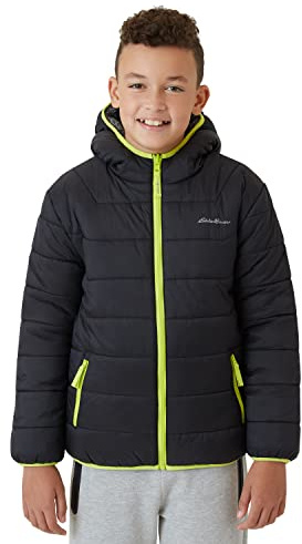 Eddie Bauer Boys' Reversible Jacket - Waterproof Lightweight Fleece Lined Hooded Puffer Coat - Boys Outerwear Jacket (5-20), Size 14-16, Black