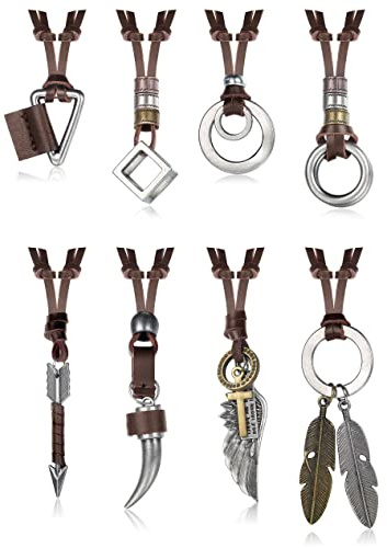 FASACCO 8 Pcs Brown Leather Necklace for Men Women Brown Black Leather Cord Necklace Tribal Arrow Wolf Tooth Feather Pendant Statement Necklace for Men Women