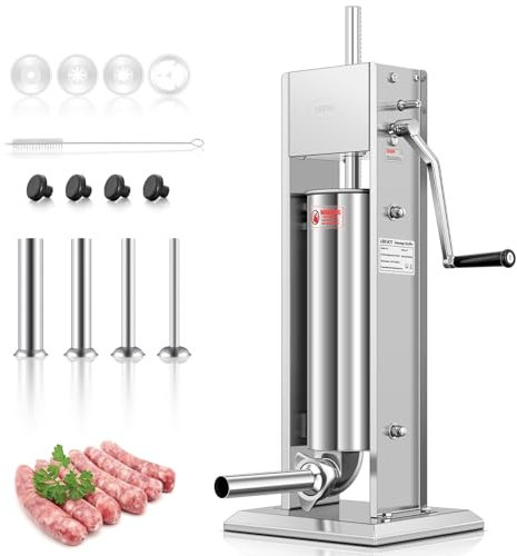 LEEVOT Insaccatrice per Salsicce 15Lb/7L, in Acciaio Inossidabile 304, Regolabile, 2 Velocità, 4 Tubi di Riempimento (Argento)