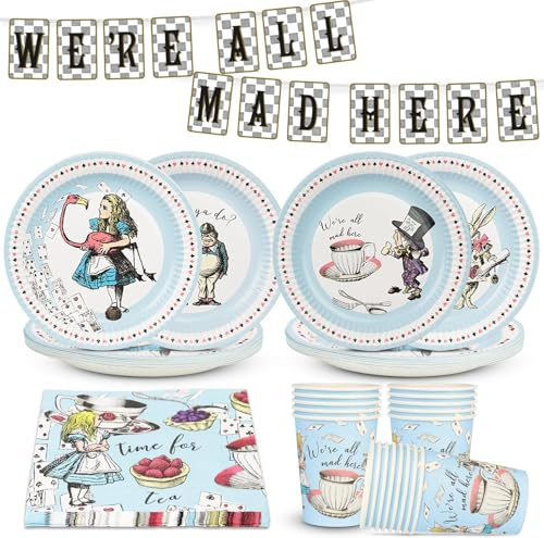 Alice in Wonderland Party Decorations & Tableware for 16 Guests | Mad Hatter Double Sided Bunting ,Paper Plates, Napkins, Cups, Table Cover for Birthday, Afternoon Tea Baby Shower, By Talking Tables
