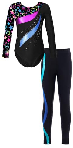 Freebily Body da Ginnastica Artistica Bambina con Leggings Sportivi Strass Leotard a Maniche Lunghe Abito da Danza Classica Moderna Jazz Tuta da Balletto Ballo Latino Nero&Blu 5-6 anni