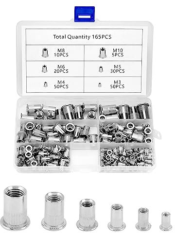 QWORK® 165 PCS Écrou à Sertir Écrous à Riveter - 304 Acier Inoxydable - 6 Tailles M3 M4 M5 M6 M8 M10