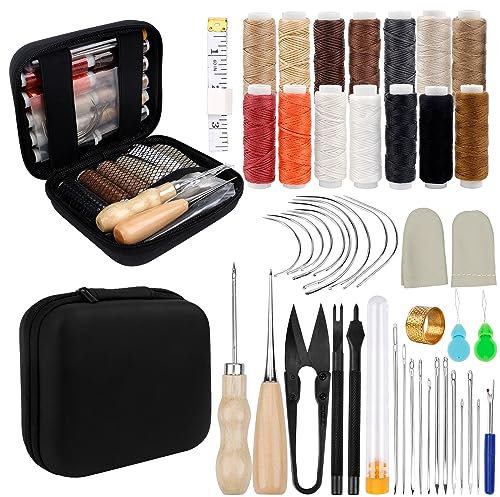 48pcs Juego de Costura para Cuero, Kit de Artesanía Cuero con Agujas de Coser Cuero, Hilo para Coser Cuero de 14 Colores, Tijeras, Dedal, Aguja, Cinta Métrica y Otras, con Kit de Herramientas de Cuero