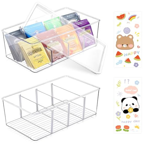 DIBALIYI 2PCS Kunststoff Teebox, Klarer Deckel Teeboxen, Gestaltung Küchenorganisator Teebeutelhalter mit 4 Schubladen, Einfacher Zugang Teebeutel Aufbewahrungsbox für Kaffeepads, Teebeutel (2PCS)