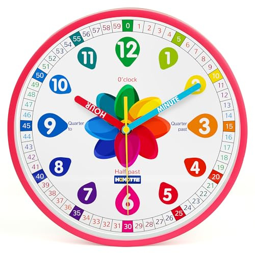 Homotte Aprendizaje de la Hora Rosa – Reloj Silencioso Infantil sin Tictac – Educativo de Pared para Dormitorio y Aula – Enseña a los Niños la Hora Fácilmente