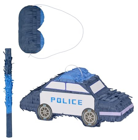 Relaxdays Pignatta Polizia, Bastone e Maschera, Piñata Vuota, Gioco Festa Compleanno Bambini, 22x50x16 cm, Multicolore