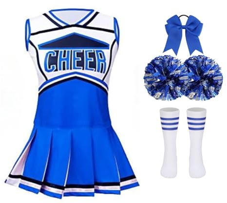 AGCOAH Girls Cheerleading Costume Kids Classic Blue Cheerleader Uniform 5PCS Cheer Outfit Halloween Cosplay 55.1Inch(8-9Y)