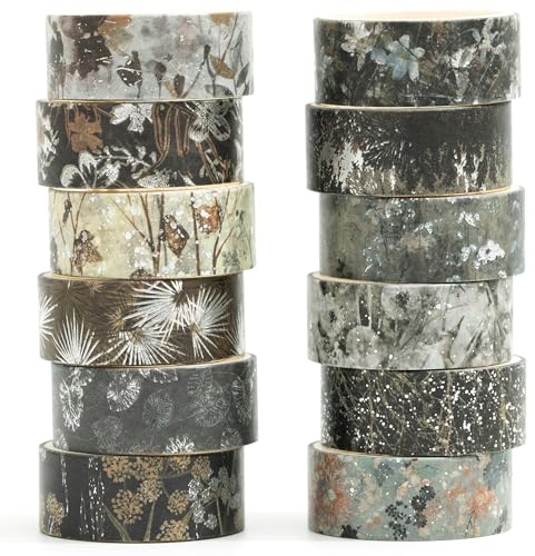 Songdao Blommor Washi Tape set 12 rullar silver dekorativ tejp färgglad för scrapbooking, bullet dagbok, planerare, presentförpackning (mystiska skuggor)