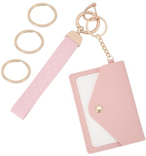 CREATCABIN Porte Clés en Cuir avec Dragonne pour Femme Petit Porte Cartes de Crédit Fin Porte Monnaie avec 3 Porte Clés Anneau en D Anti Perte Porte Monnaie Rose Porte Clés 7.7x11cm