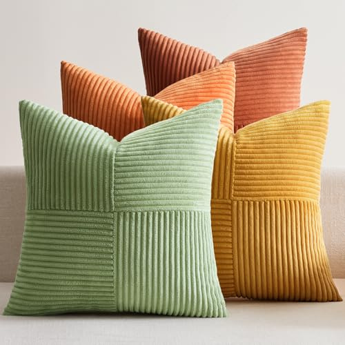 EMEMA Juego de 4 fundas de cojín de pana para otoño, patchwork, 40 x 40 cm, decorativas para sofá y sillón, serie naranja-verde