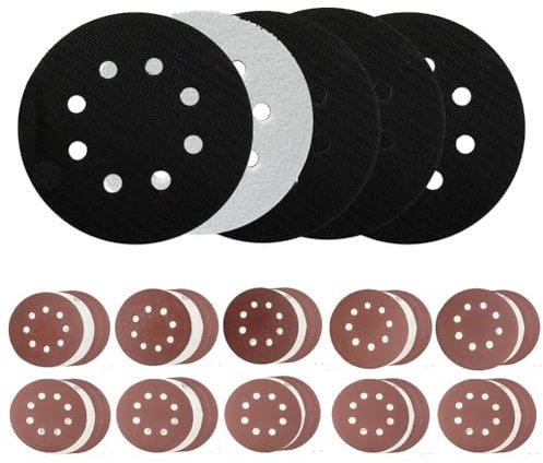Steowsey Lot de 5 patins de ponçage en mousse de 12,7 cm à 8 trous pour ponceuse orbitale, crochet et boucle, coussin avec 40 disques de ponçage faciles à installer et à utiliser