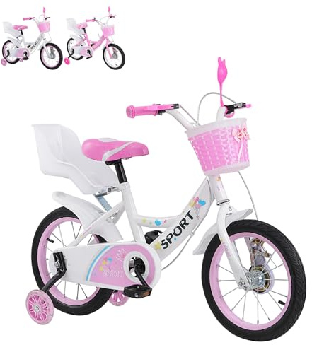 XUANYU Bike Vélo Enfant pour 2 à 8 Ans avec Roues Stabilisatrices, Draisienne Vélos avec Pédales et Rétropédalage pour Débutant, VTC pour Enfants (Blanc 14 Pouces)